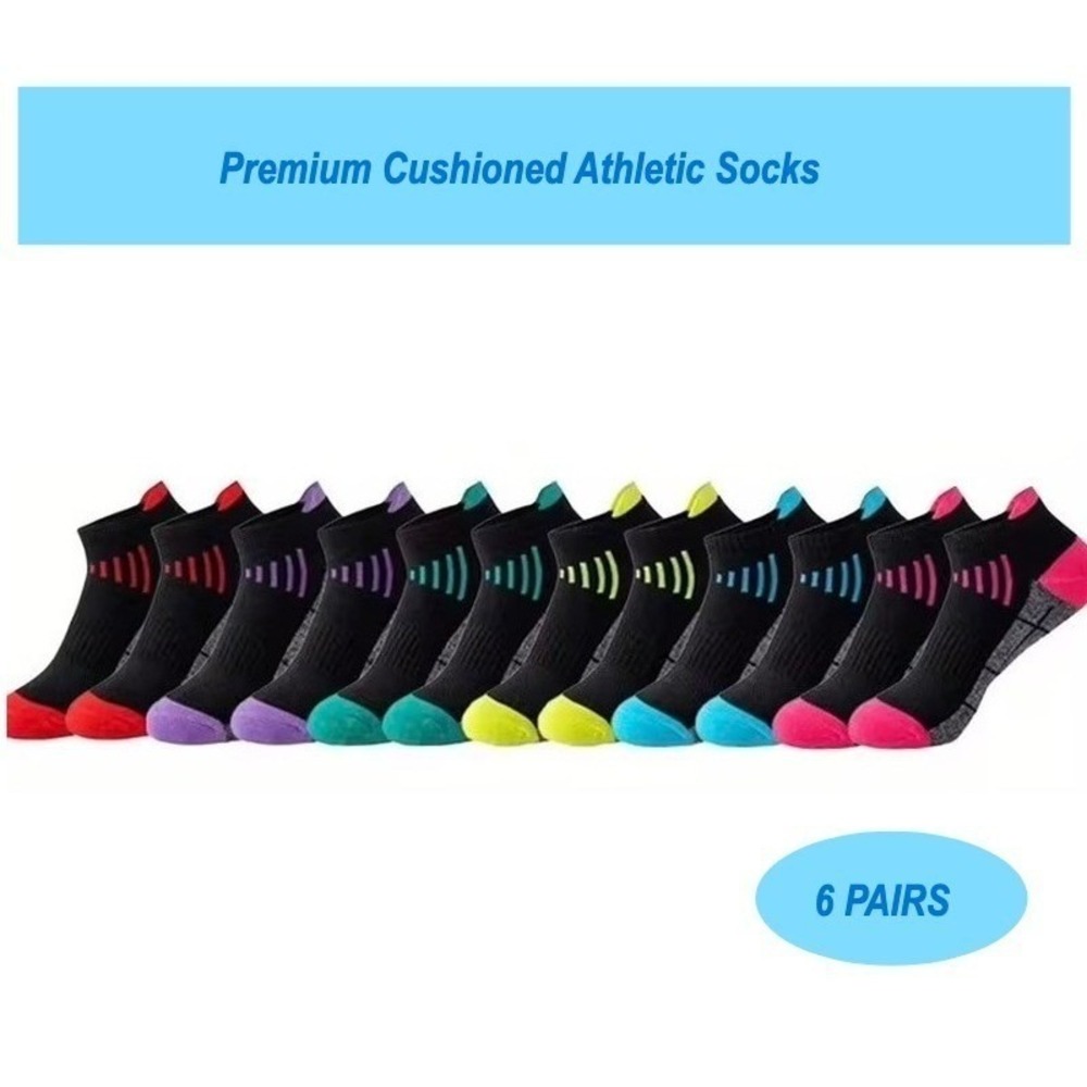 Colorful Athletic Women's Ankle Socks M/L 6‎ PACK Tab Low Cut Quality Cushioned